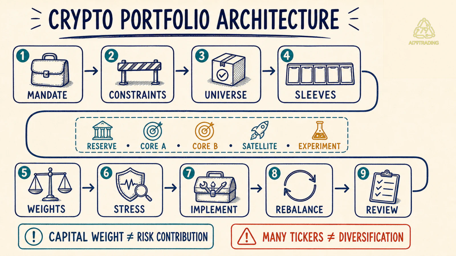 Sơ đồ kiến trúc Portfolio Construction trong Crypto từ mandate đến review