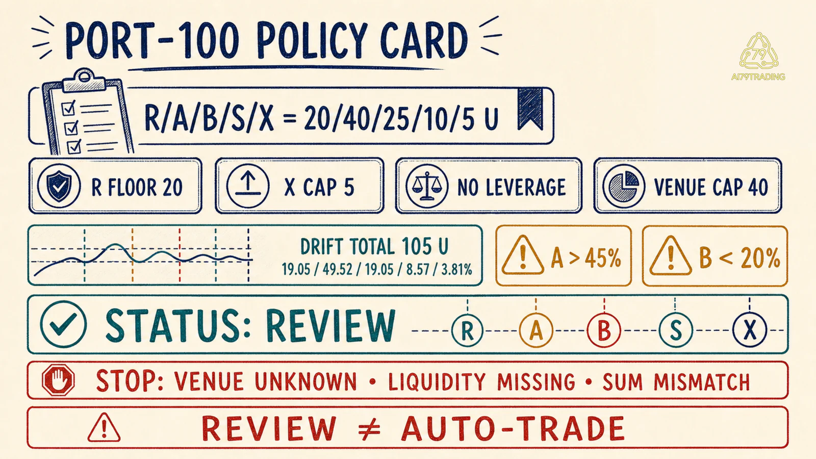 Mẫu Portfolio Policy Card PORT-100 gồm constraint stress drift band và trạng thái review