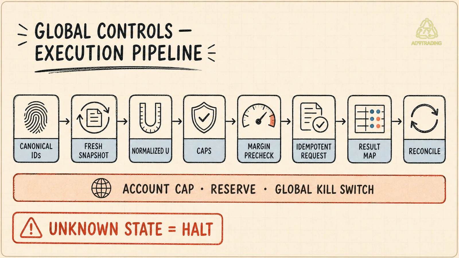 Checklist global caps margin precheck kill switch và reconciliation