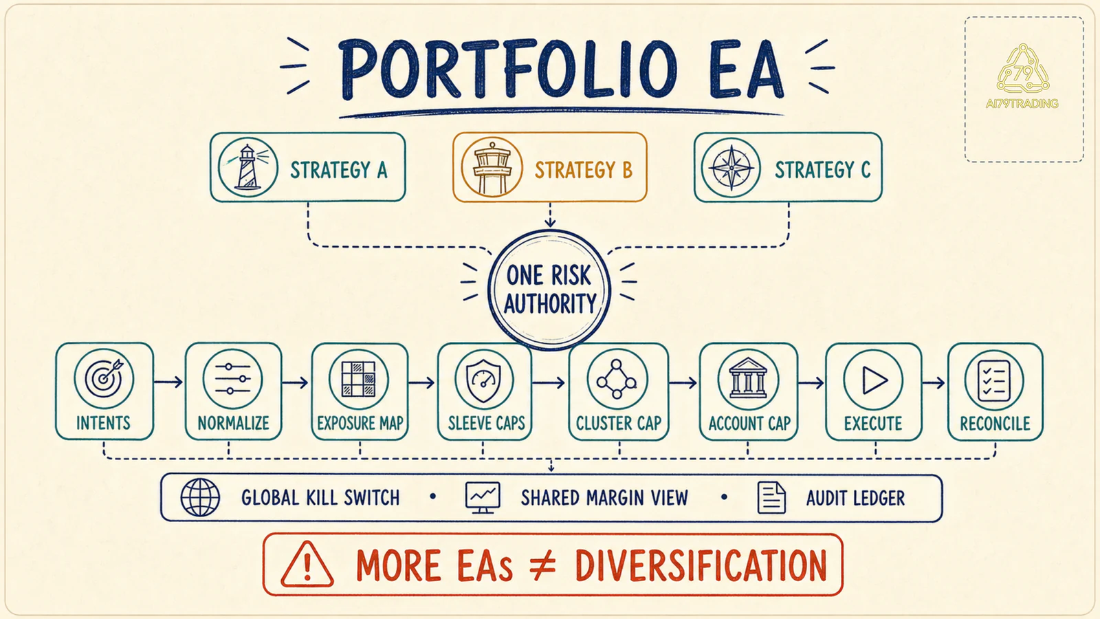Kiến trúc Portfolio EA với một risk authority điều phối ba strategy sleeve