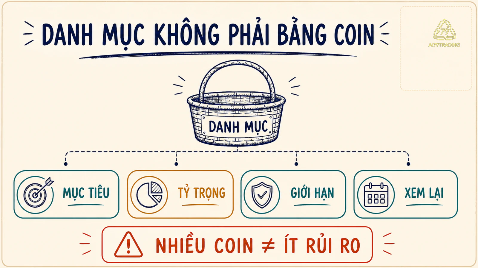 Sơ đồ danh mục crypto gồm mục tiêu, tỷ trọng, giới hạn và lịch xem lại