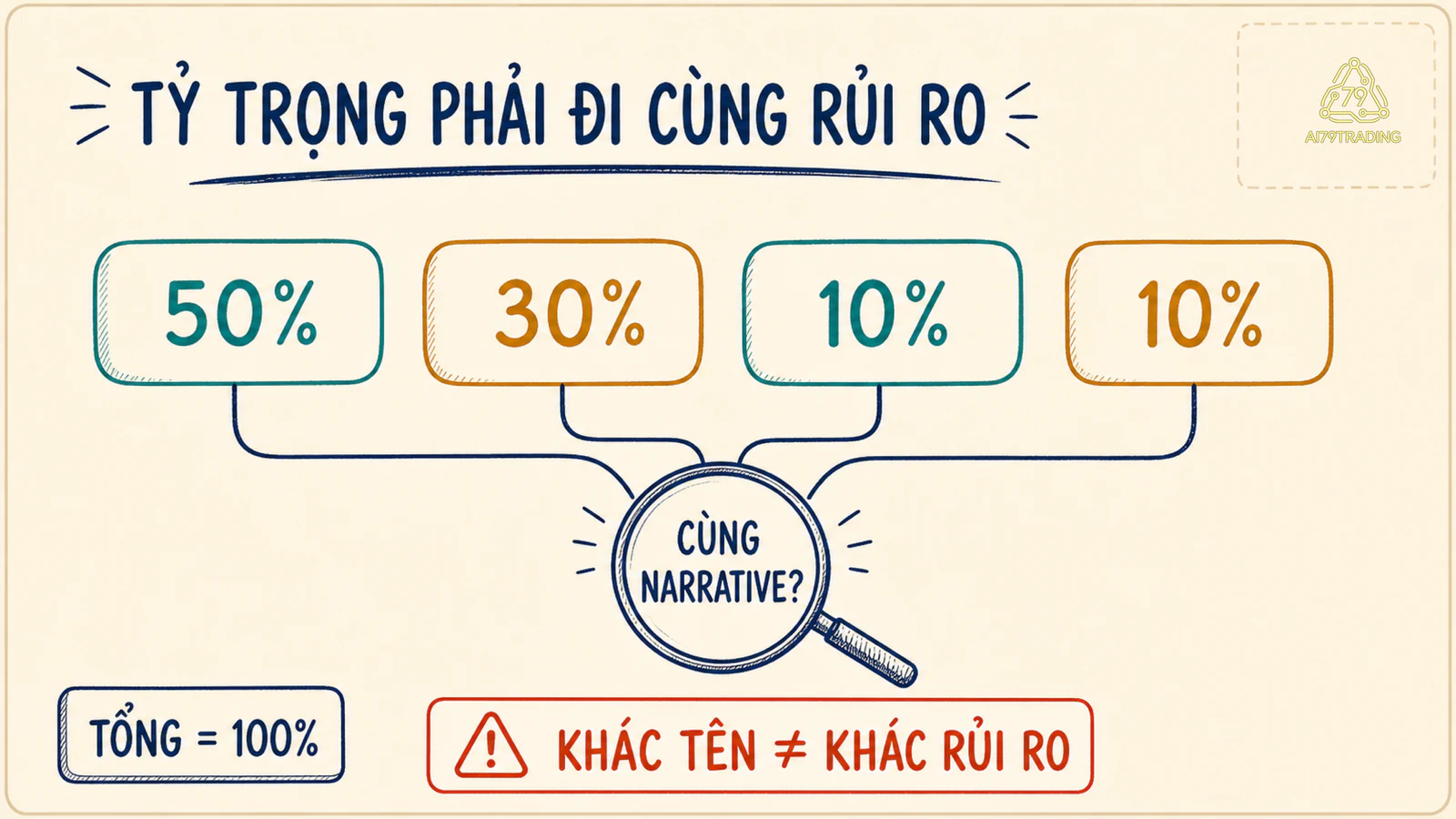 Bốn phần danh mục giả định với tỷ trọng và câu hỏi kiểm tra rủi ro chung