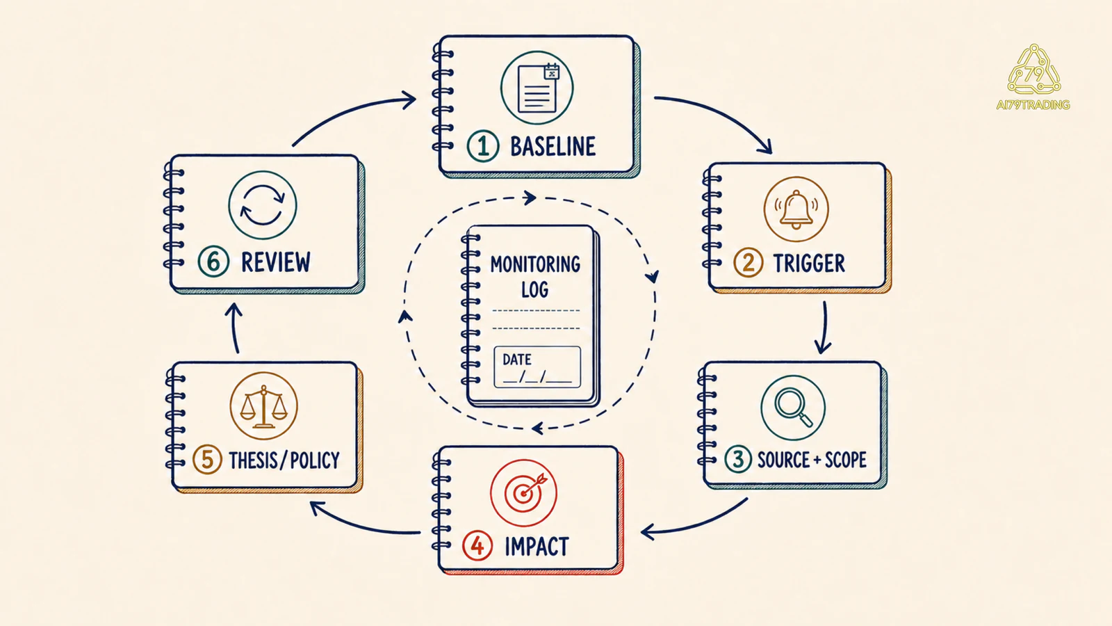 Vòng monitoring từ baseline trigger source impact đến review thesis policy
