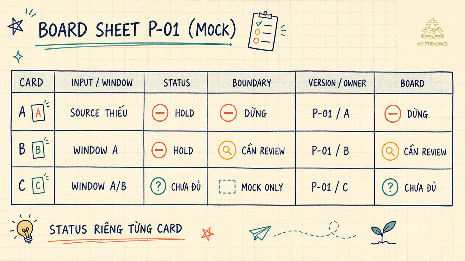 Bảng Architecture Board P-01 mock ba rows với status Dừng Cần review Chưa đủ evidence