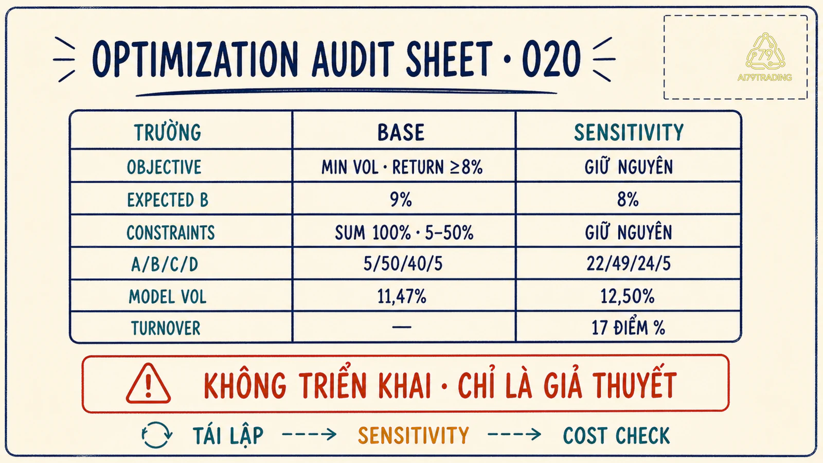 Optimization Audit Sheet O20 đã điền Base Sensitivity turnover và trạng thái