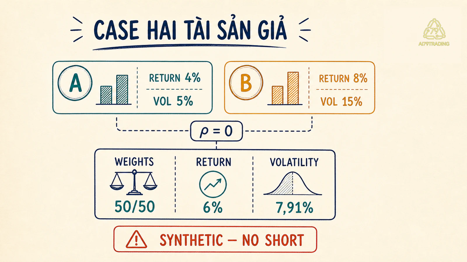 Phép tính hai tài sản giả cho tỷ trọng 50 trên 50 return 6 phần trăm và volatility 7 phẩy 91 phần trăm