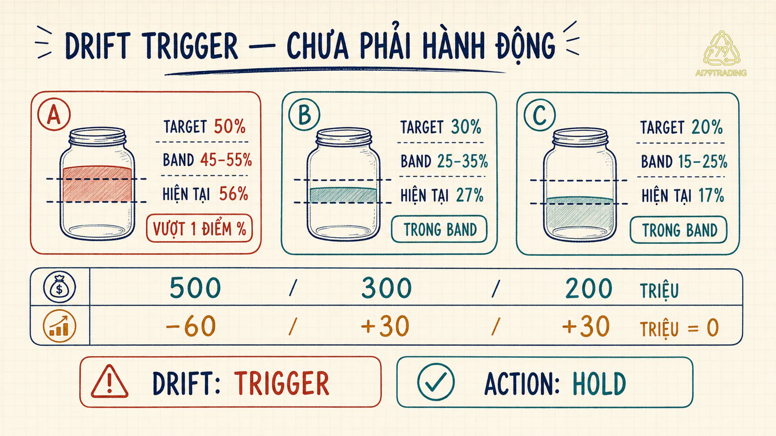 Kịch bản độ lệch A B C từ 56 27 17 về 50 30 20 với thay đổi âm 60 dương 30 dương 30 triệu
