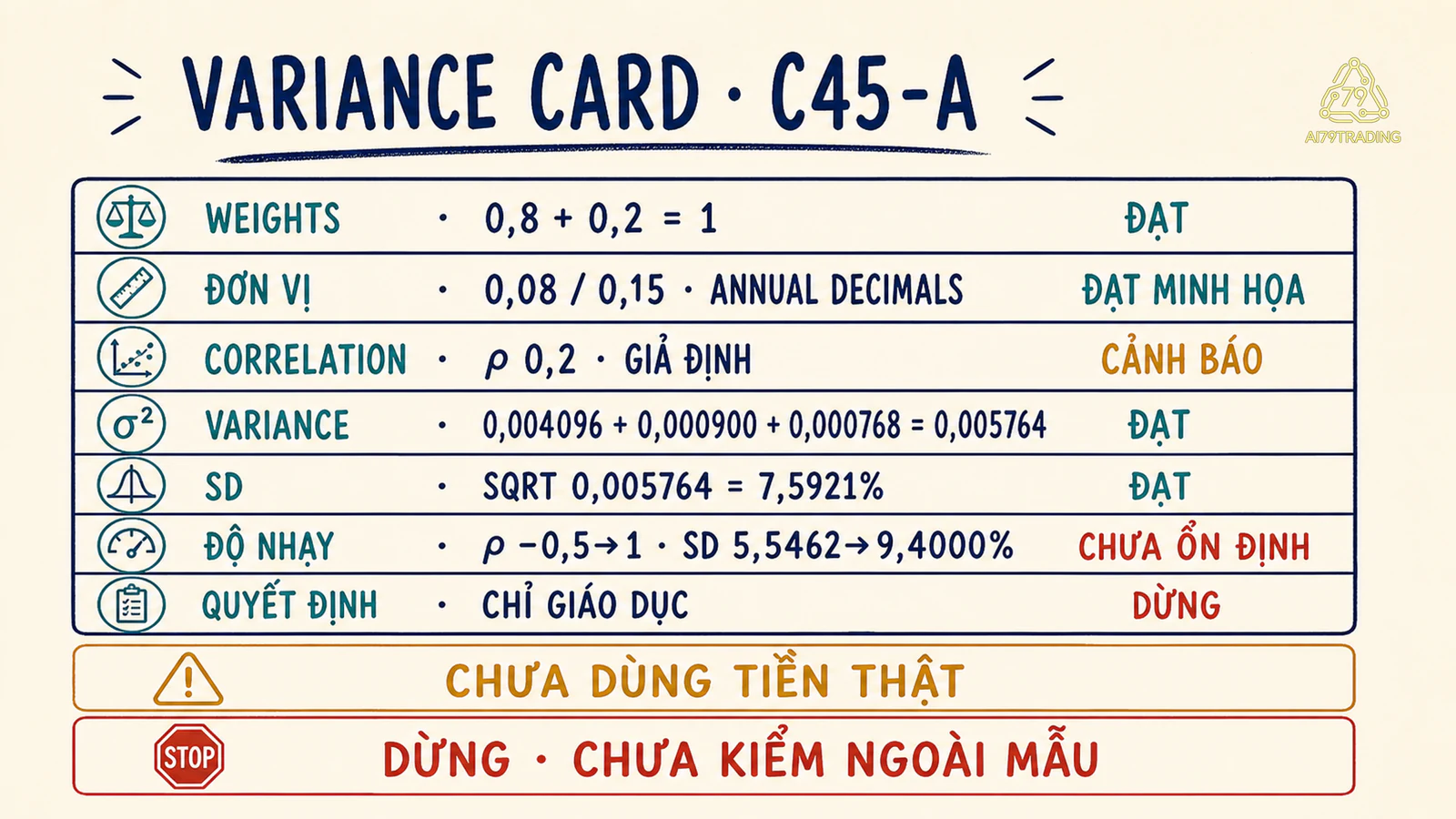 Variance Card ghi weights đơn vị ba hạng tử sensitivity và điểm dừng