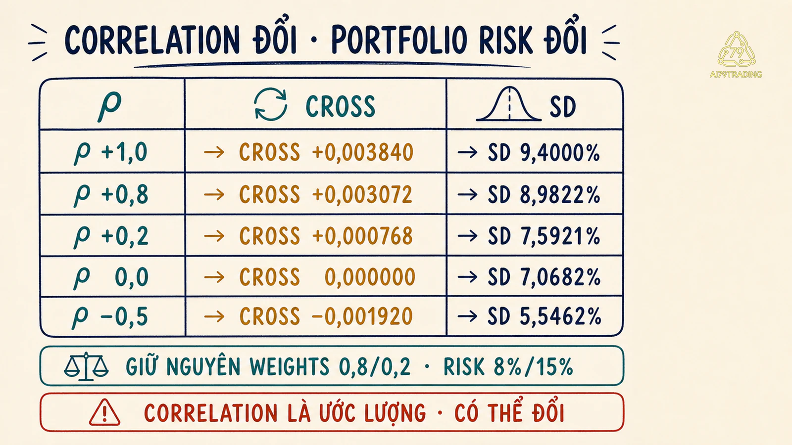 Bậc thang correlation làm cross term và portfolio risk thay đổi