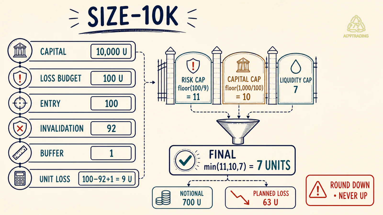 Bảng SIZE-10K từ 100 U loss budget qua ba cap tới final 7 units