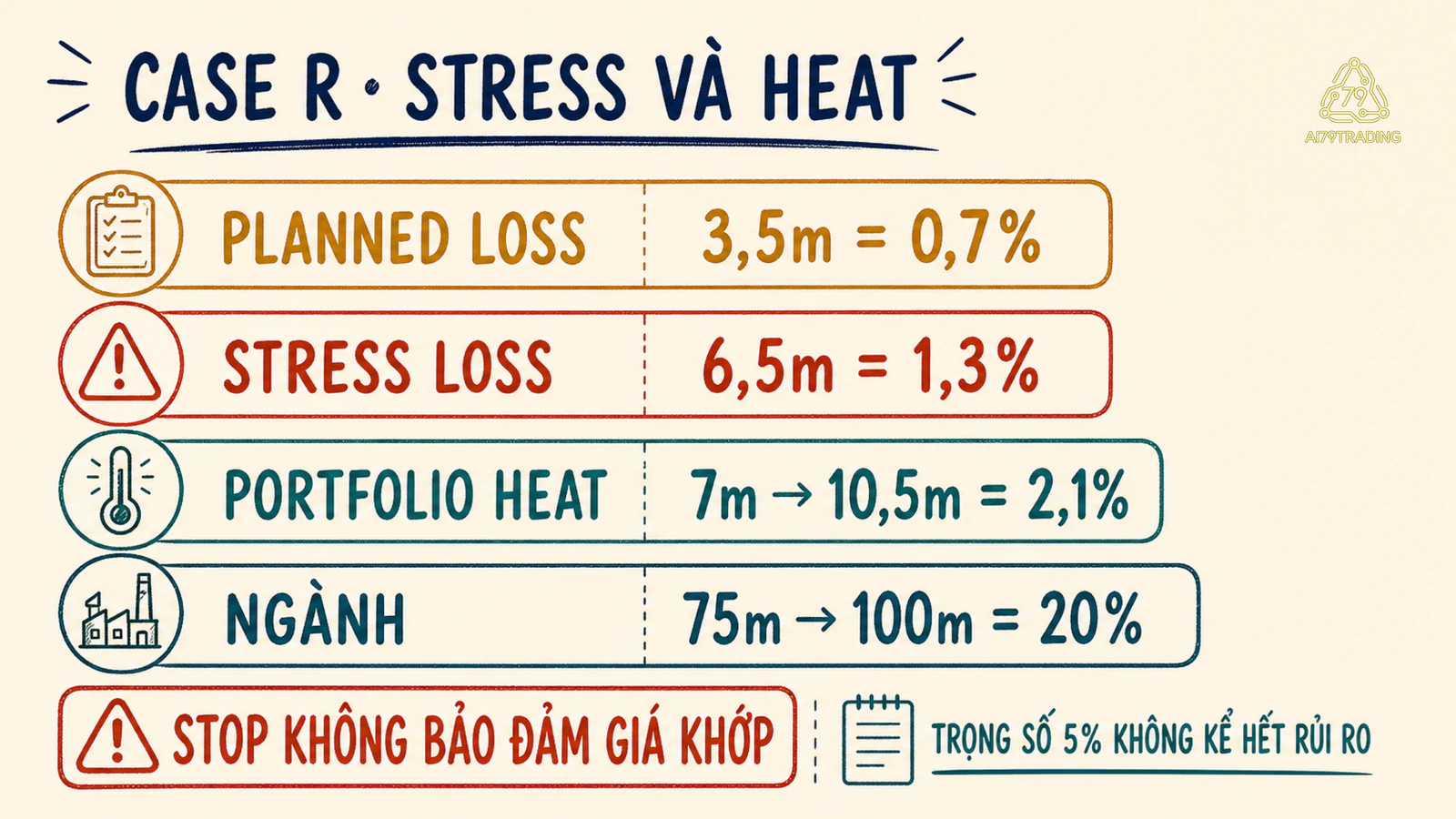 Bảng căng thẳng của tình huống R với mức lỗ kế hoạch, mức lỗ căng thẳng, ngành và tổng rủi ro mở