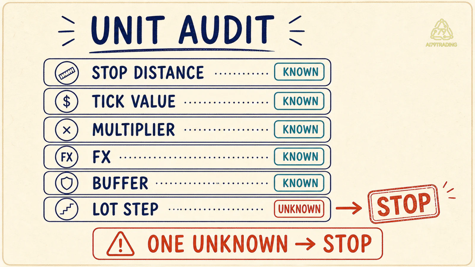 Thẻ kiểm đơn vị gồm stop, tick value, multiplier, FX, buffer và lot step