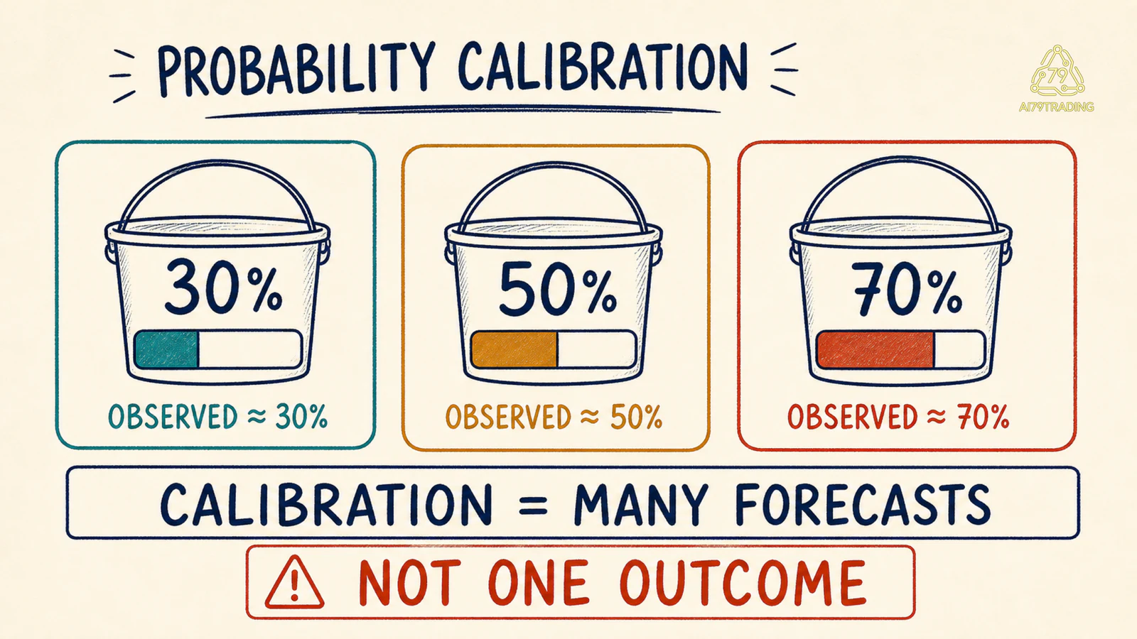Ba calibration bucket 30, 50 và 70 phần trăm so với tần suất outcome trên nhiều forecast