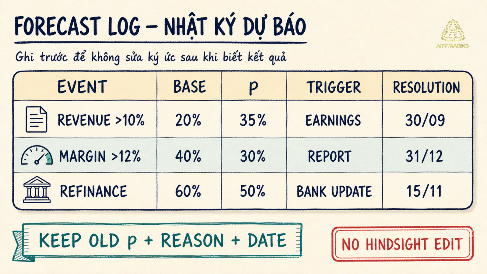 Forecast Log ba dòng với event, base rate, probability, trigger và resolution source