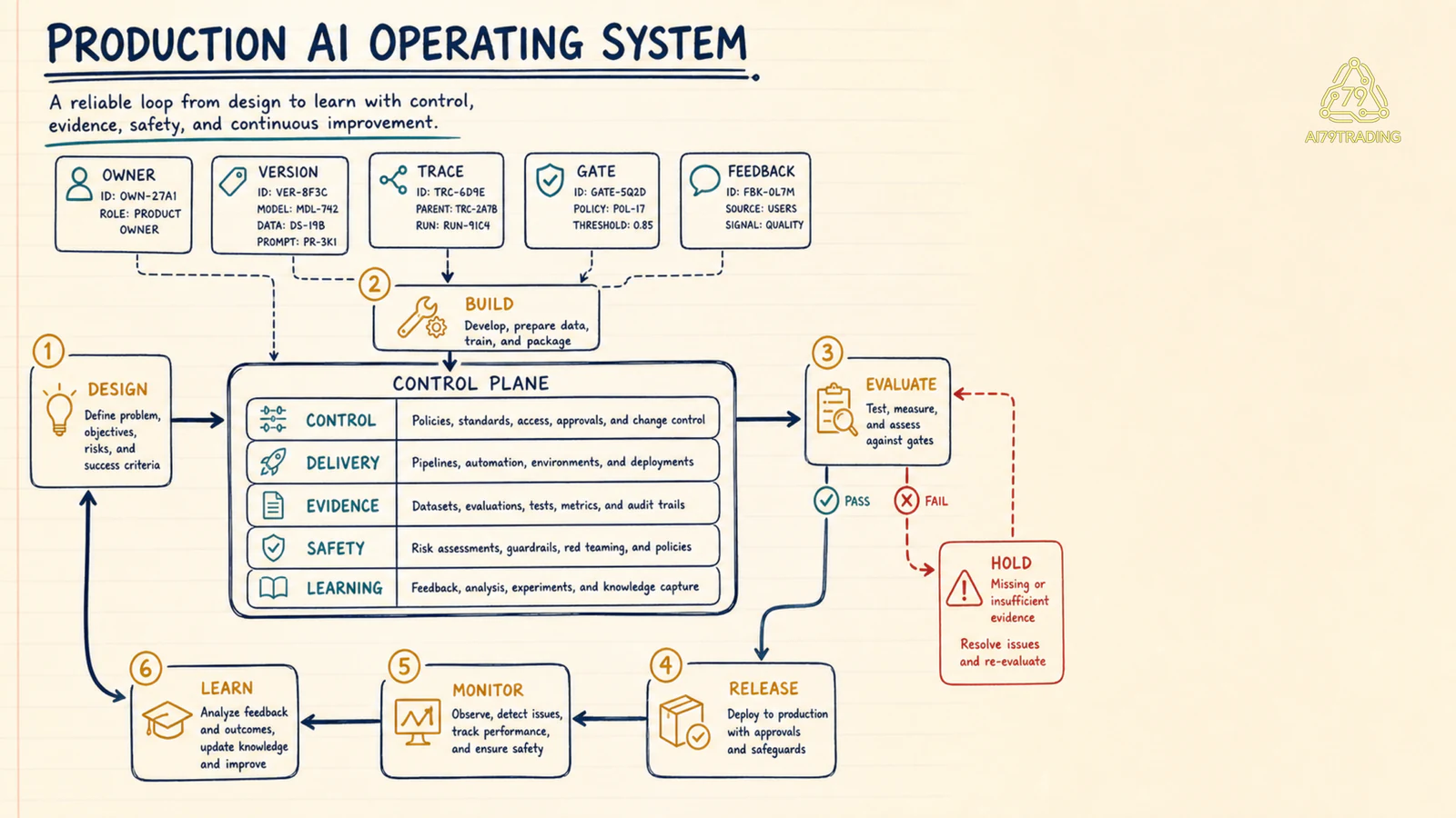Năm lane của Production AI Operating System nối control plane và learning loop