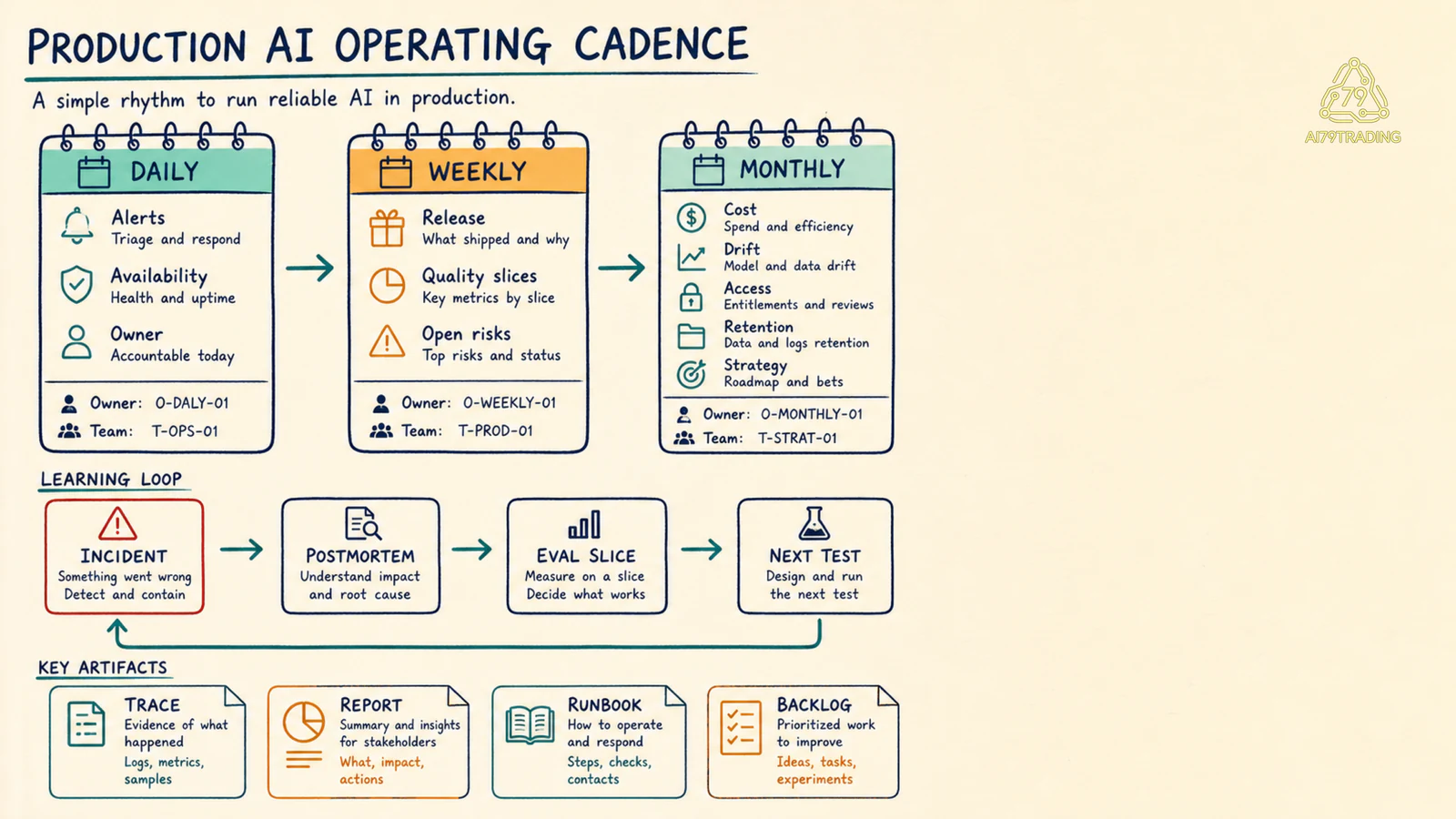 Operating cadence daily weekly monthly với owner artifact và learning loop