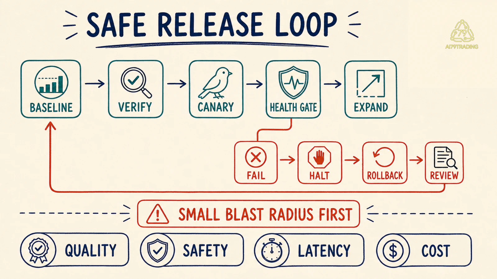 Vòng release an toàn từ baseline đến canary và rollback