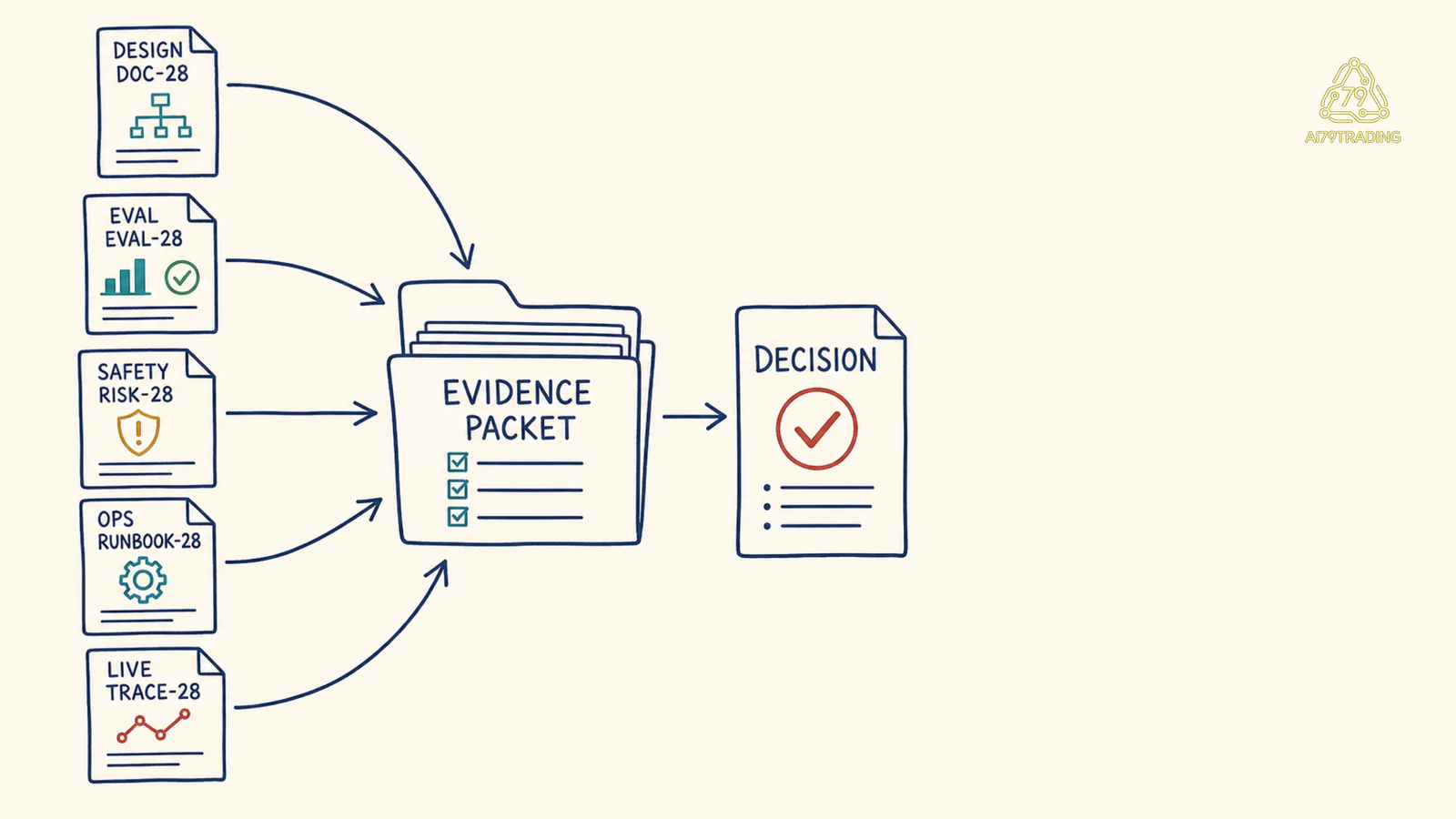 Evidence packet graph nối design eval safety operations và live evidence