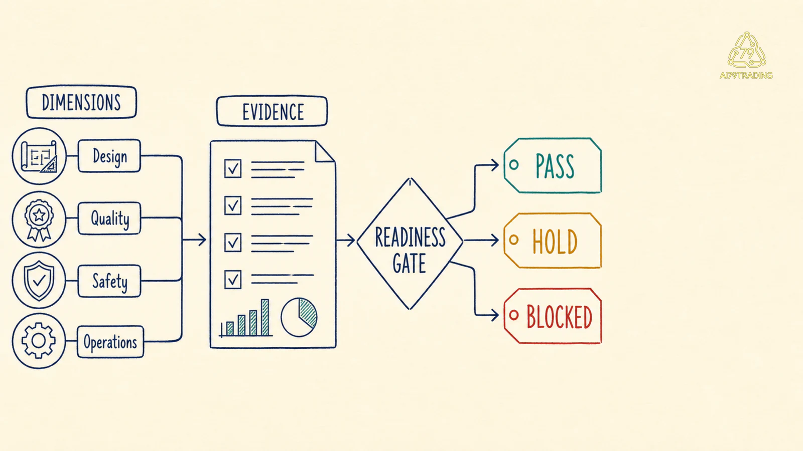 Readiness dimensions hội tụ vào production gate pass hold hoặc blocked