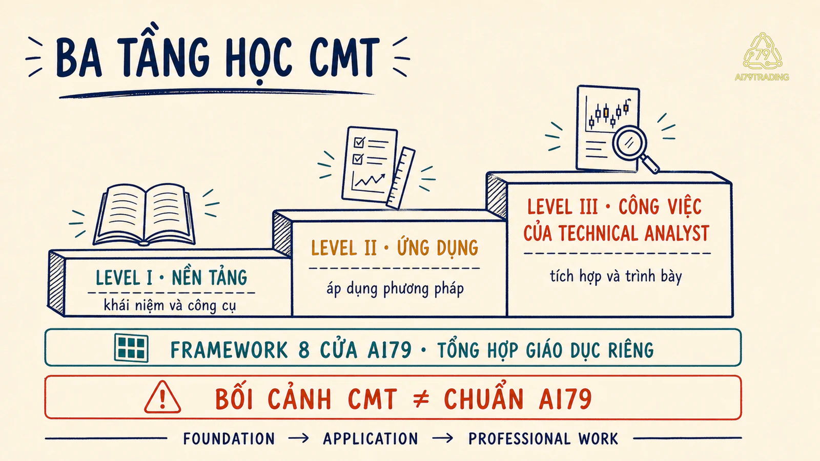 Ba tầng học từ nền tảng qua ứng dụng đến công việc nhà phân tích kỹ thuật