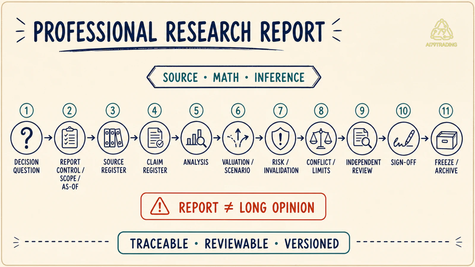 Quy trình Professional Research Report từ decision question và report control tới evidence, valuation, independent review, sign-off và archive
