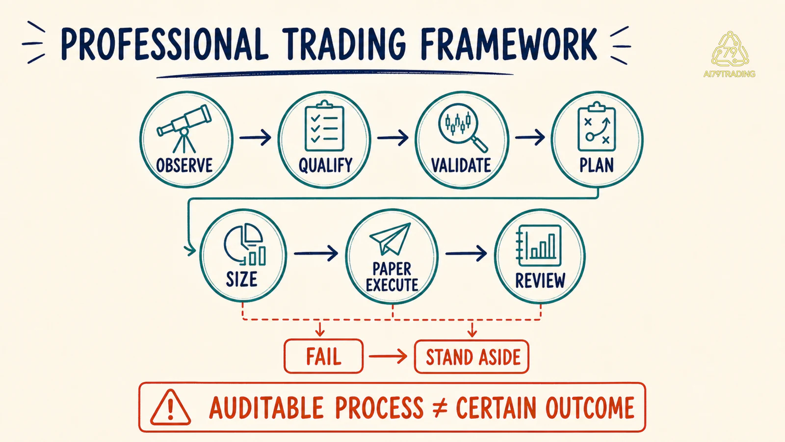 Professional Trading Framework bảy gate từ Observe tới Review với fail route Stand Aside