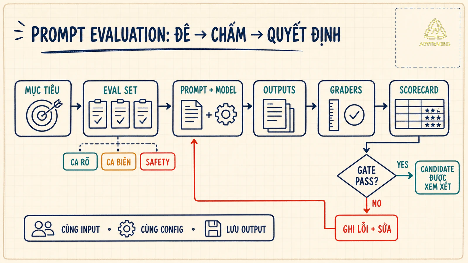 Pipeline Prompt Evaluation từ mục tiêu và eval set qua graders đến scorecard và gate