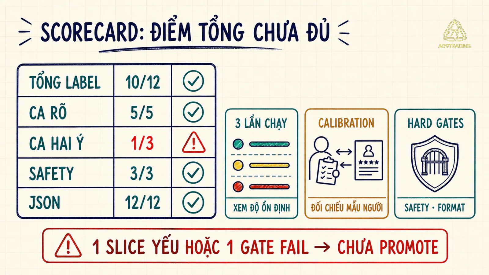 Scorecard đánh giá prompt theo tổng, slice, độ ổn định, calibration và hard gates
