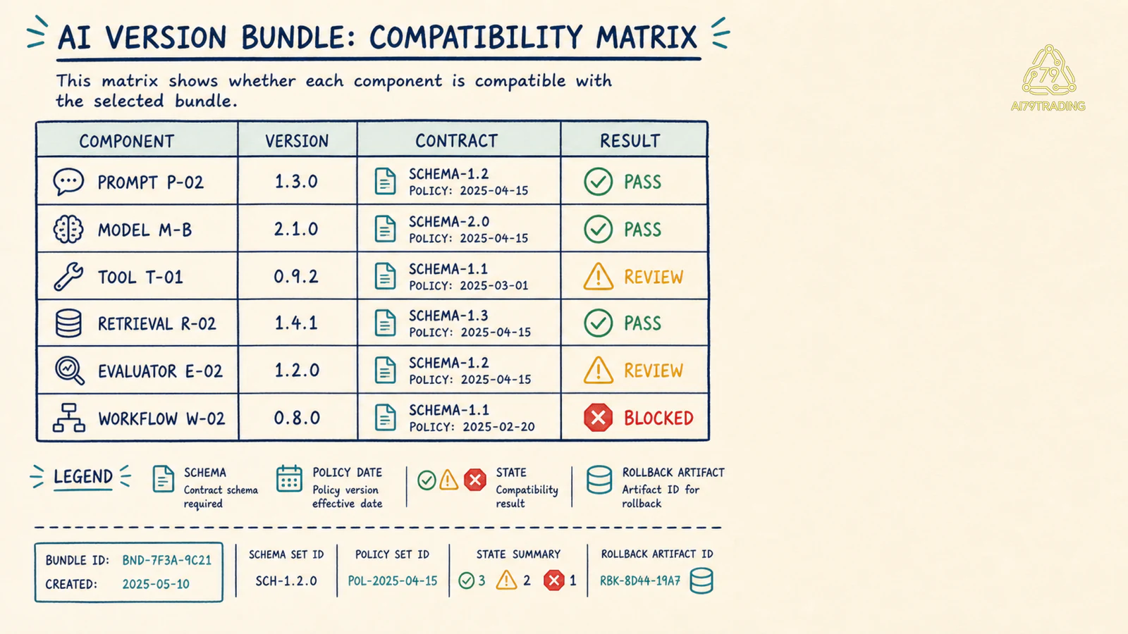 Compatibility matrix giữa prompt, model, tool, retrieval, evaluator và workflow