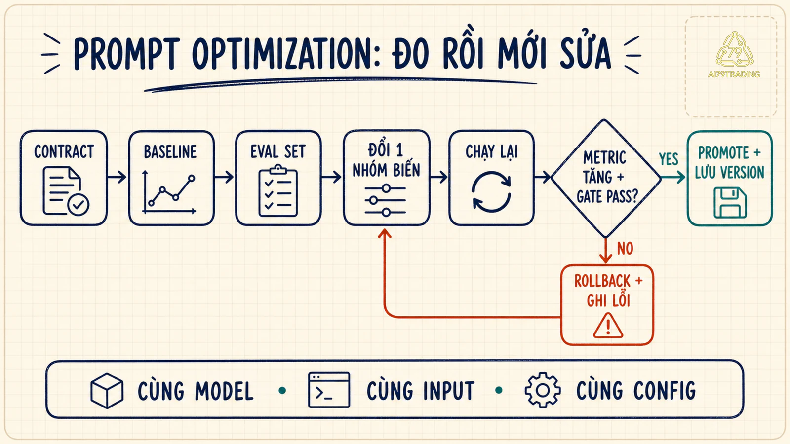 Vòng Prompt Optimization đi từ contract và baseline qua eval set đến promote hoặc rollback