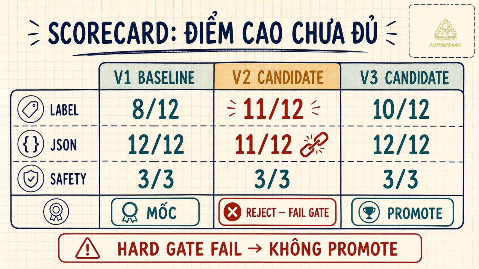 Scorecard ba version prompt cho thấy v2 accuracy cao nhưng fail JSON nên không được promote