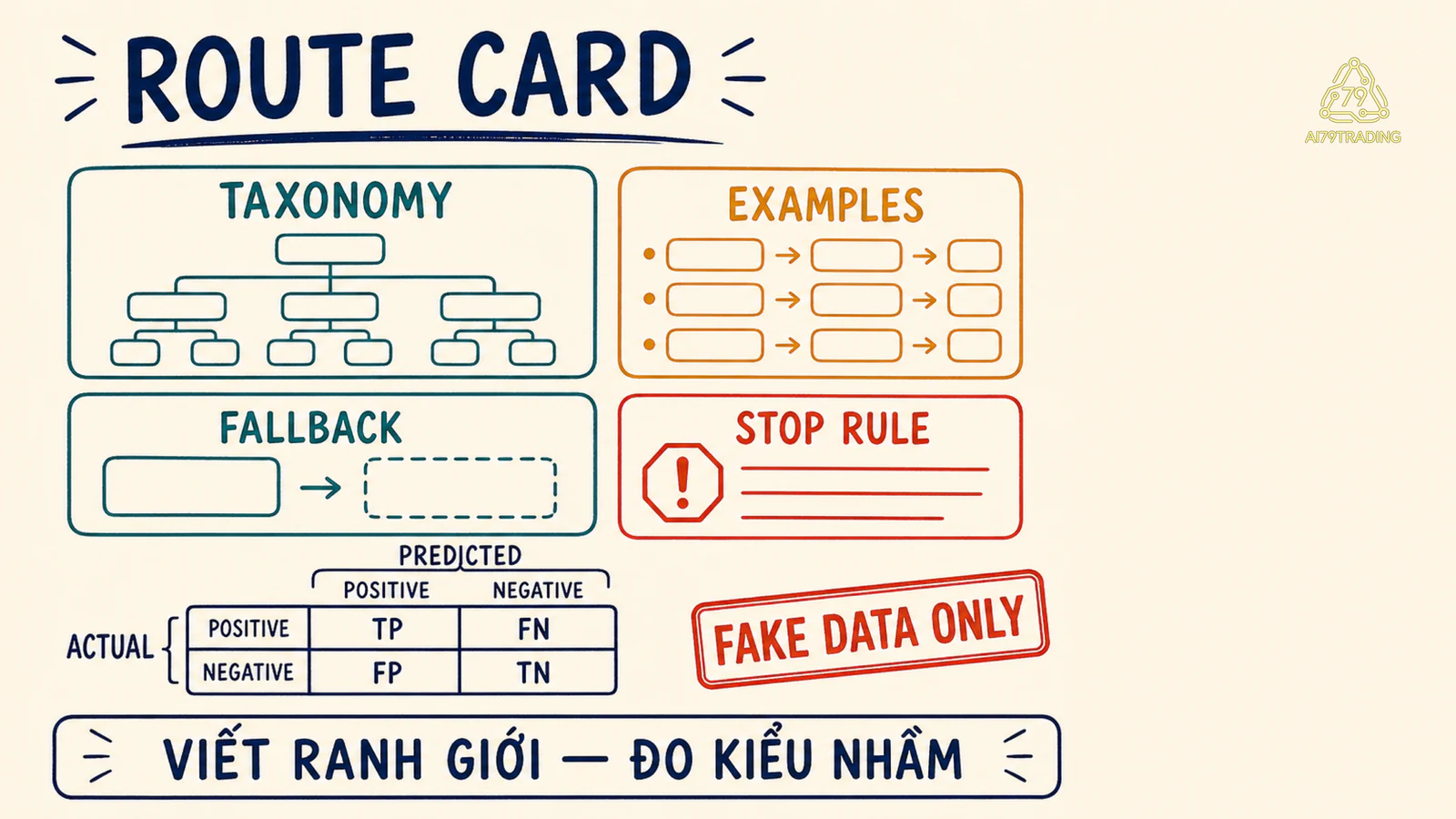 Route Card với taxonomy, ví dụ, fallback, stop rule và ma trận đánh giá