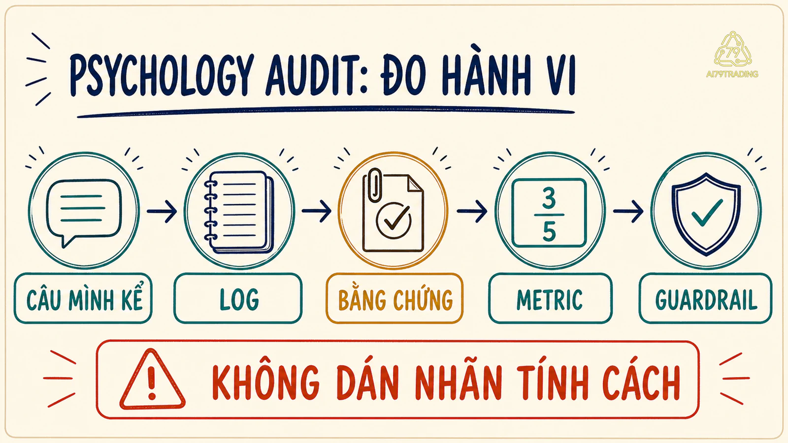 Sơ đồ năm bước biến một nhận xét tâm lý thành log, bằng chứng, metric và guardrail kiểm tra ở vòng sau