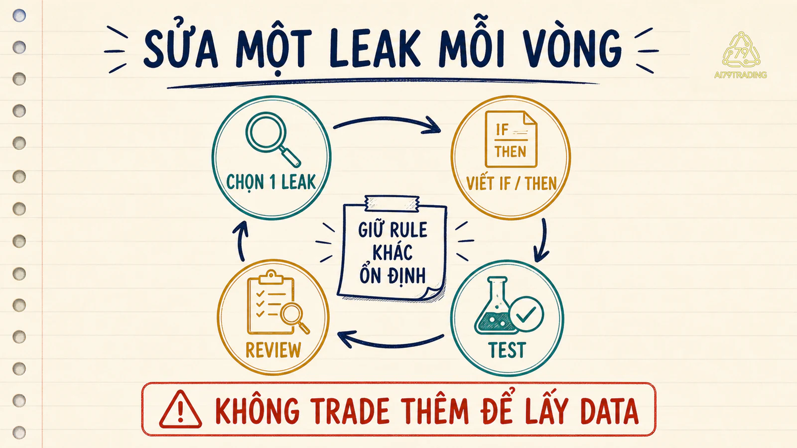 Vòng lặp bốn bước chọn một leak, viết rule IF THEN, test và review trong khi giữ các rule khác ổn định