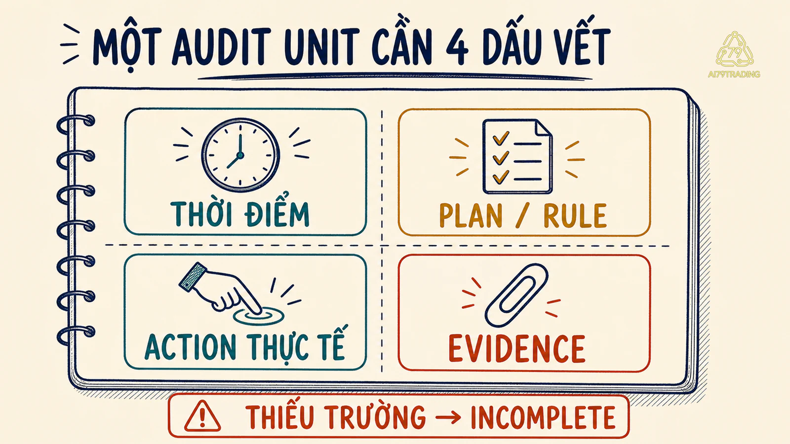 Một tờ audit record có bốn vùng gồm thời điểm, plan hoặc rule, hành động thực tế và evidence
