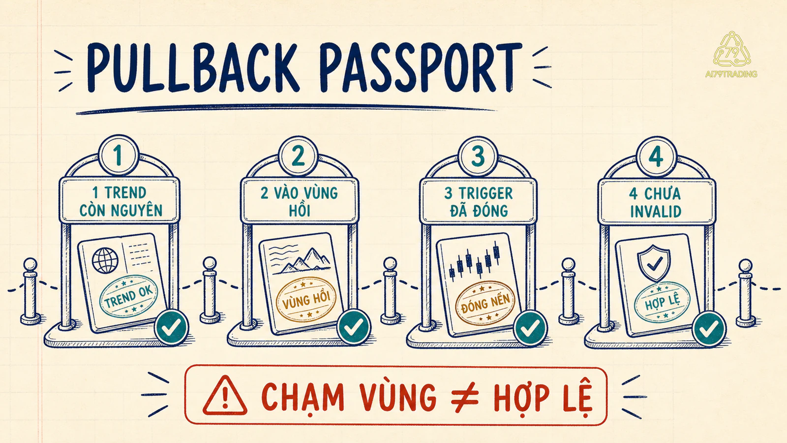 Pullback Passport gồm bốn cổng trend còn nguyên, vào vùng hồi, trigger đã đóng và chưa có invalidation