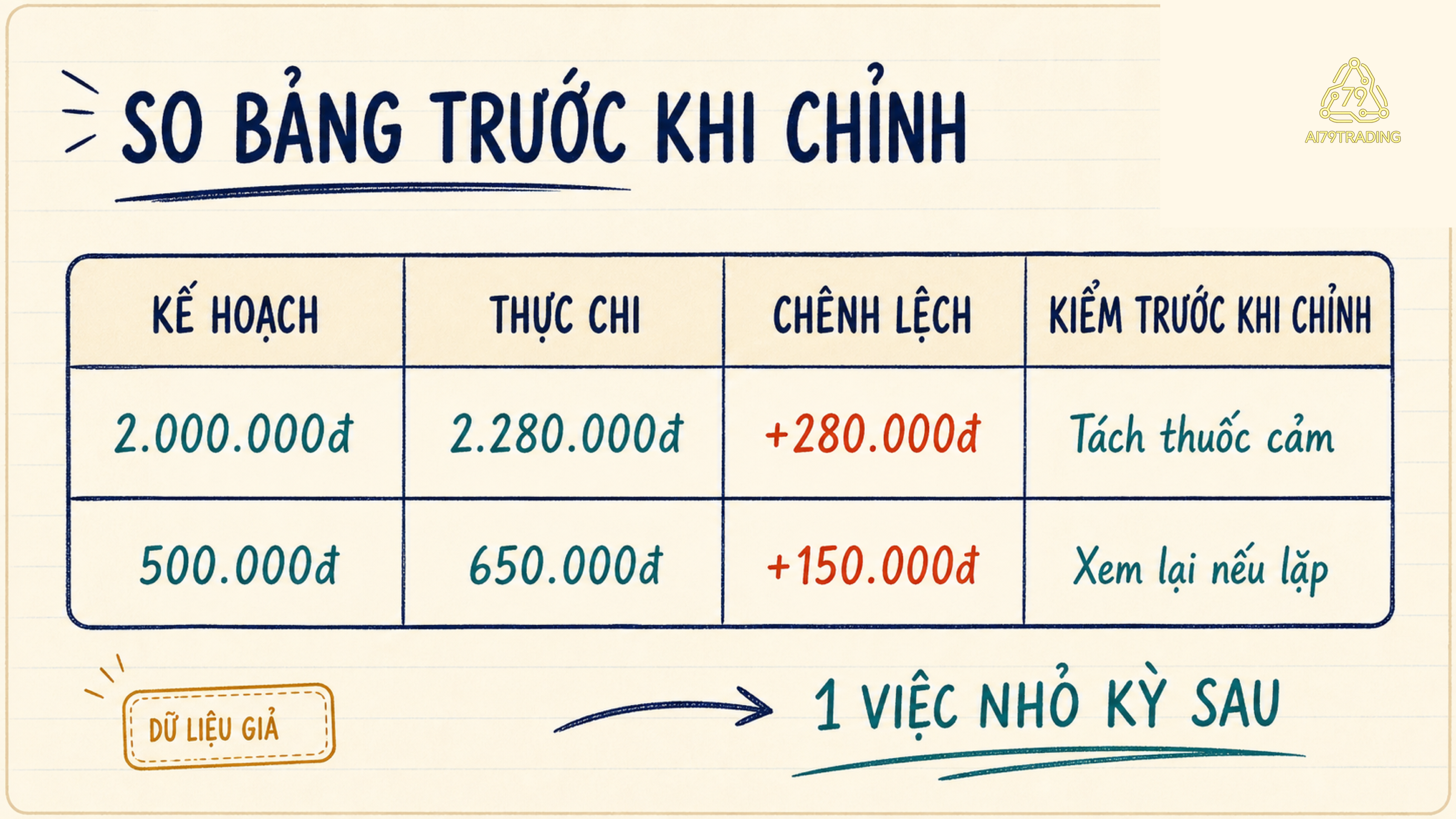 Bảng dữ liệu giả so sánh kế hoạch, thực chi, chênh lệch và việc kiểm tra trước khi điều chỉnh chi tiêu