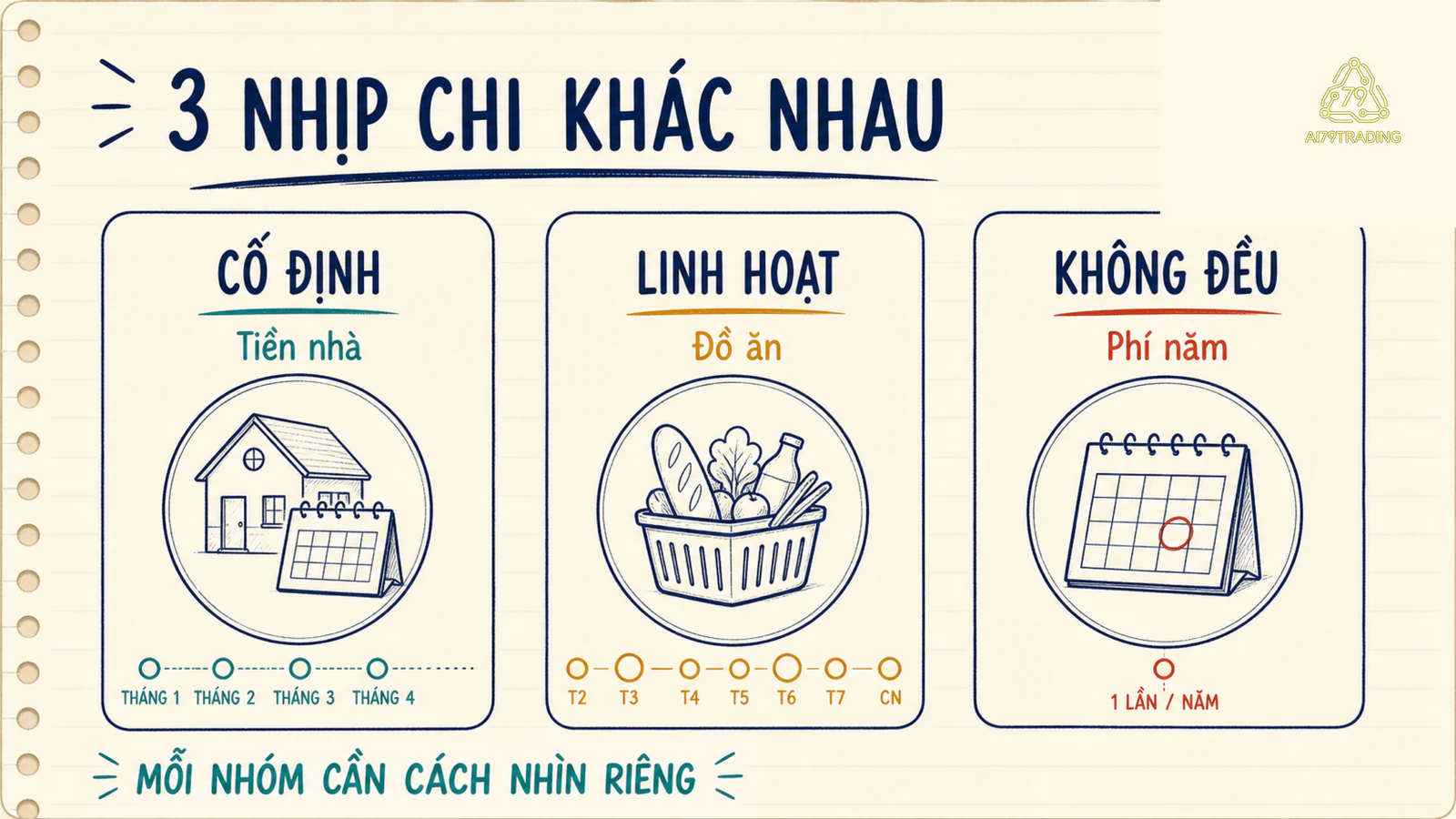 Ba cột minh họa chi phí cố định như tiền nhà, chi phí linh hoạt như đồ ăn và chi phí không đều như phí năm