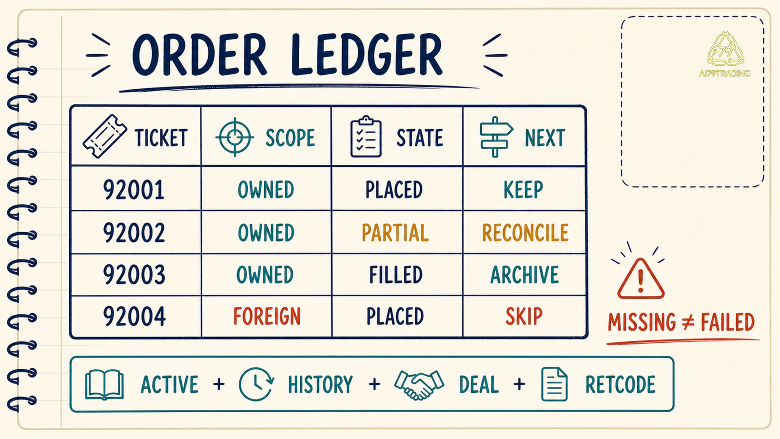 Order Ledger bốn ticket 92001 đến 92004 với Keep Reconcile Archive và Skip