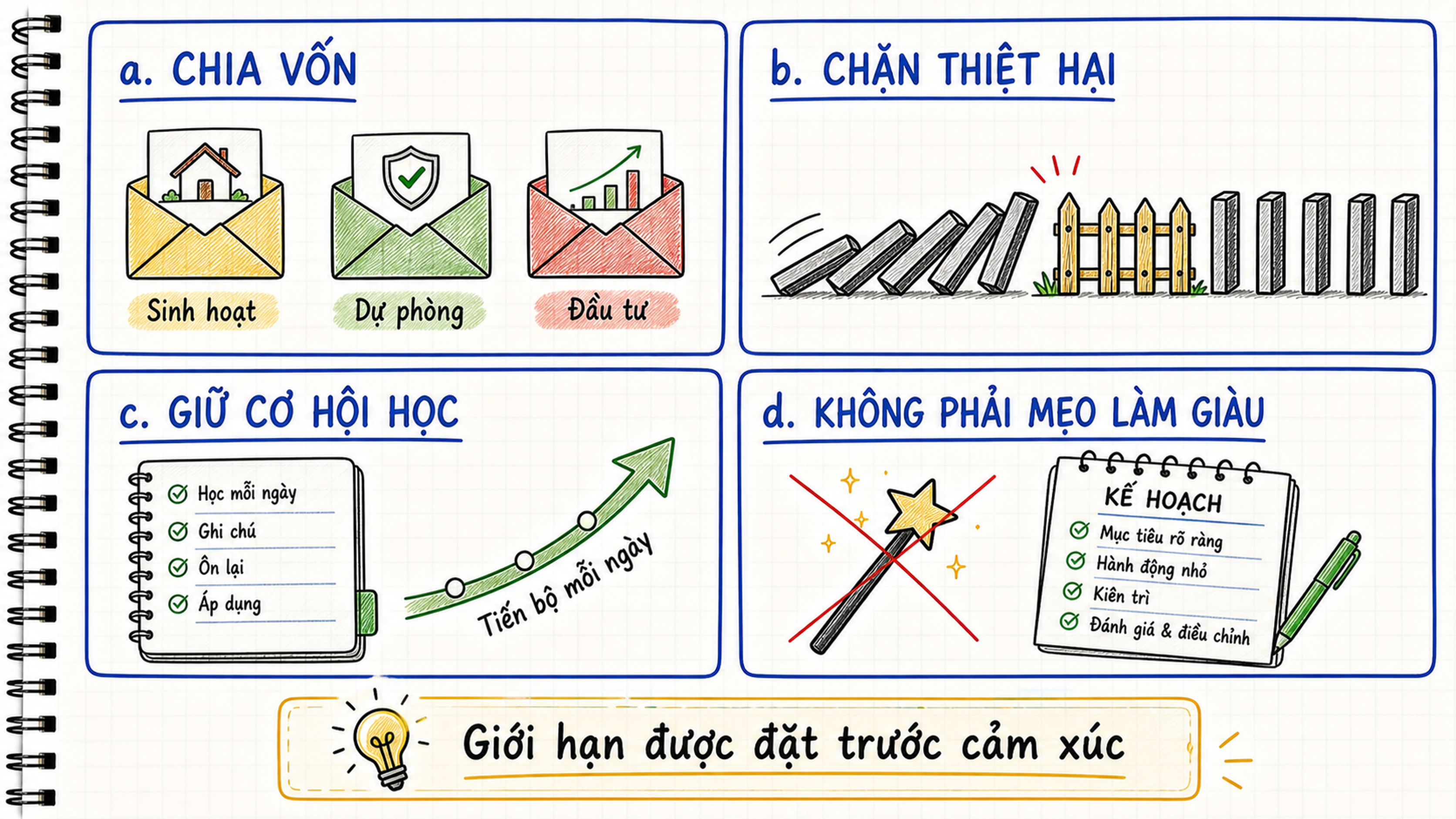 Bốn vai trò của quản lý vốn gồm chia tiền, giới hạn thiệt hại, giữ cơ hội học và không hứa lợi nhuận