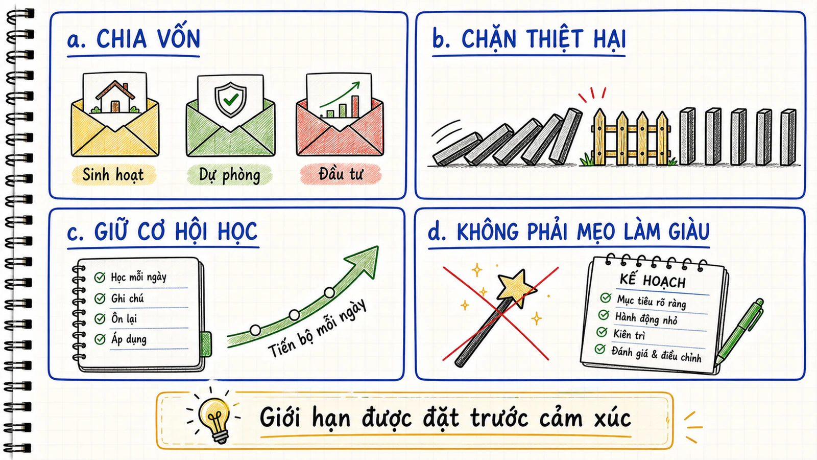 Bốn vai trò của quản lý vốn gồm chia tiền, giới hạn thiệt hại, giữ cơ hội học và không hứa lợi nhuận