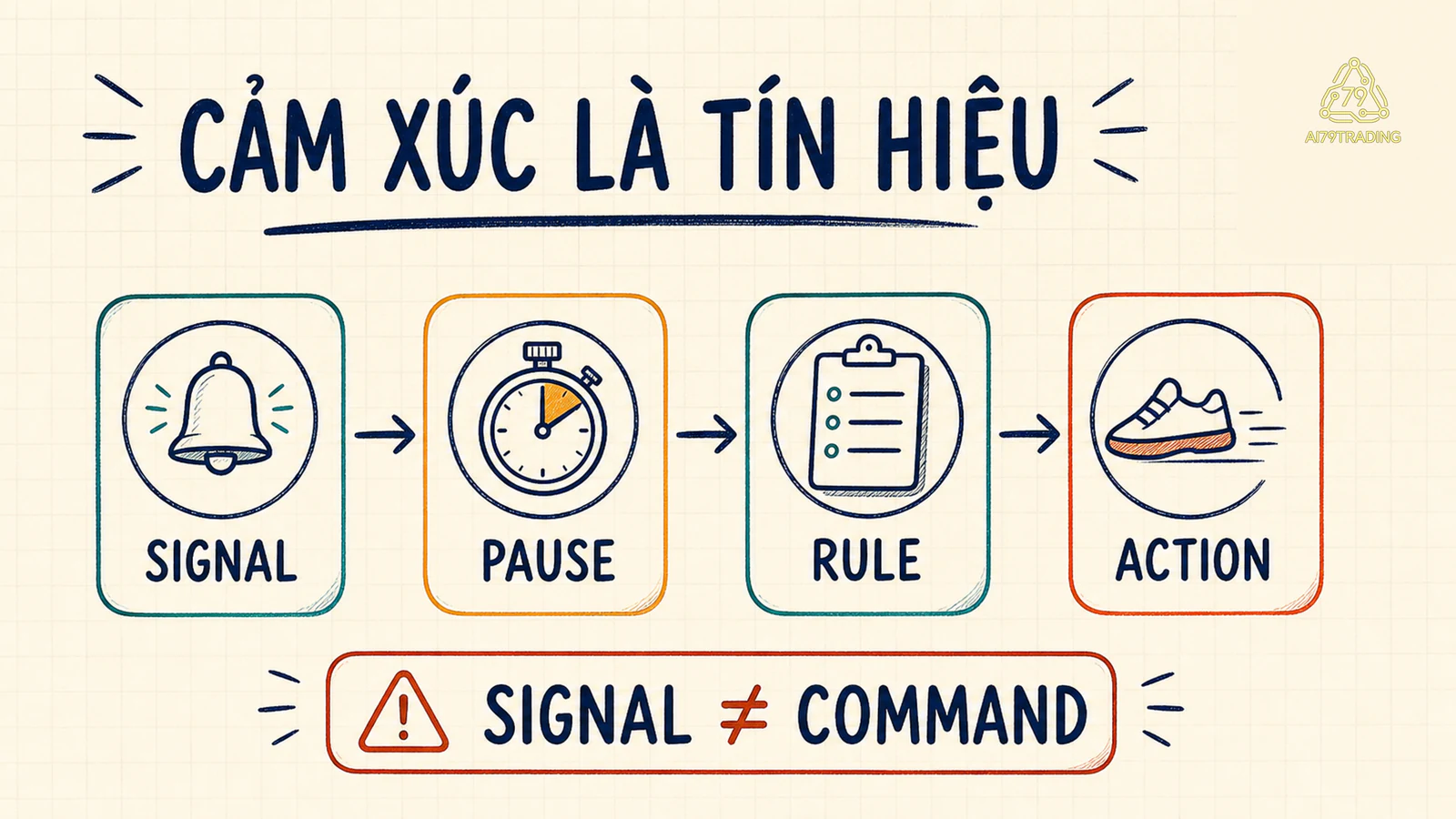 Chuỗi signal pause rule và action tách cảm xúc khỏi lệnh hành động