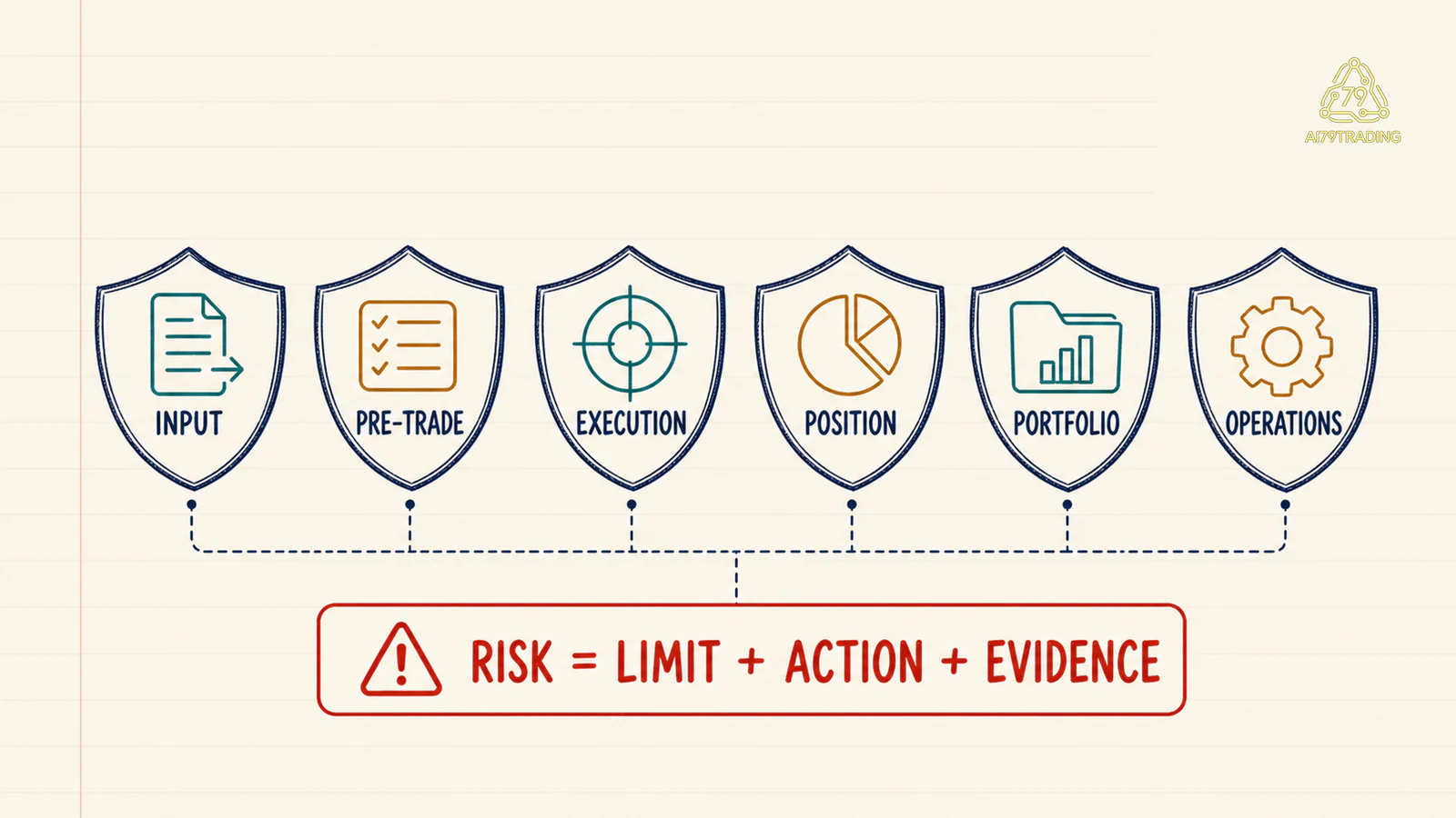 Sáu lớp quản trị risk gồm input, pre-trade, execution, position, portfolio account và operations
