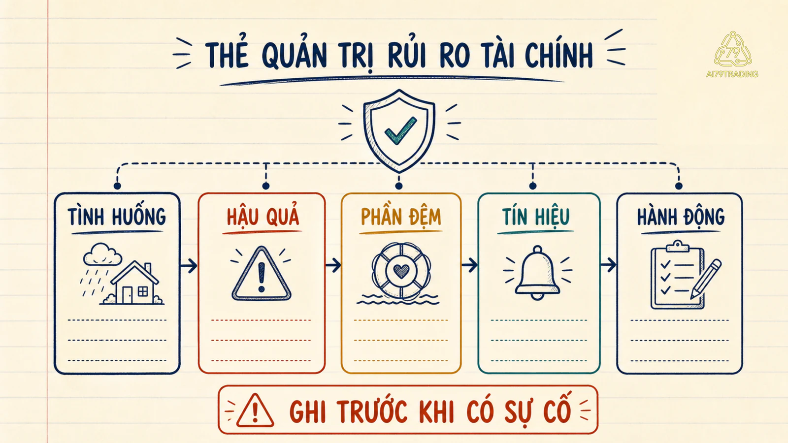 Thẻ rủi ro với năm ô tình huống, hậu quả, phần đệm, tín hiệu và hành động