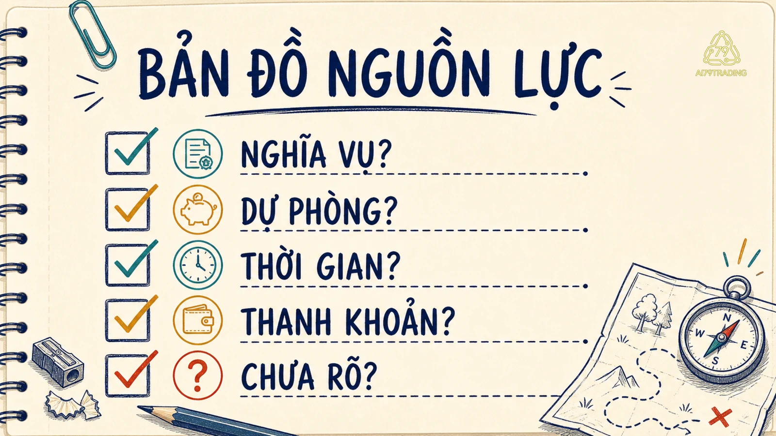 Checklist bản đồ nguồn lực với nghĩa vụ, dự phòng, thời gian, thanh khoản và phần chưa rõ
