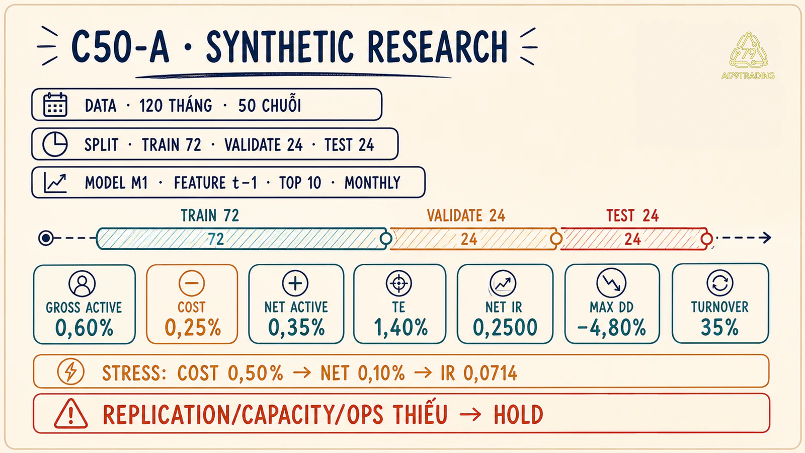 Case C50-A từ split dữ liệu đến test net IR và cost stress