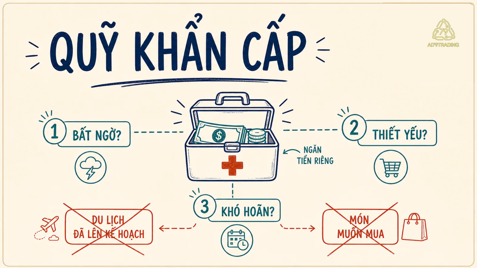 Sơ đồ ngăn tiền khẩn cấp tách sửa xe đi làm và hóa đơn y tế khỏi tiền du lịch, mua sắm đã dự tính