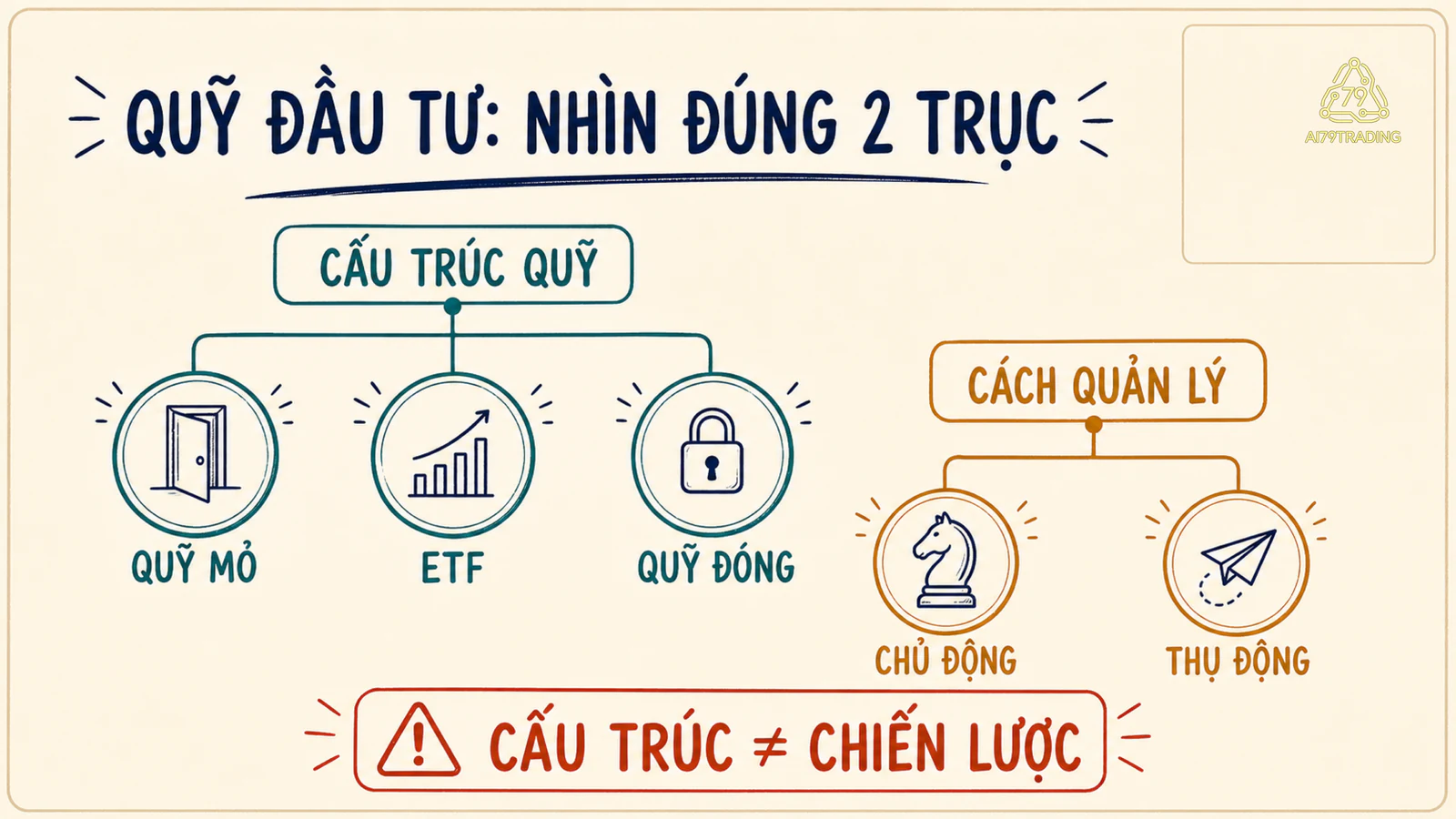 Sơ đồ quỹ đầu tư tách trục cấu trúc quỹ mở, ETF, quỹ đóng khỏi trục quản lý chủ động, thụ động