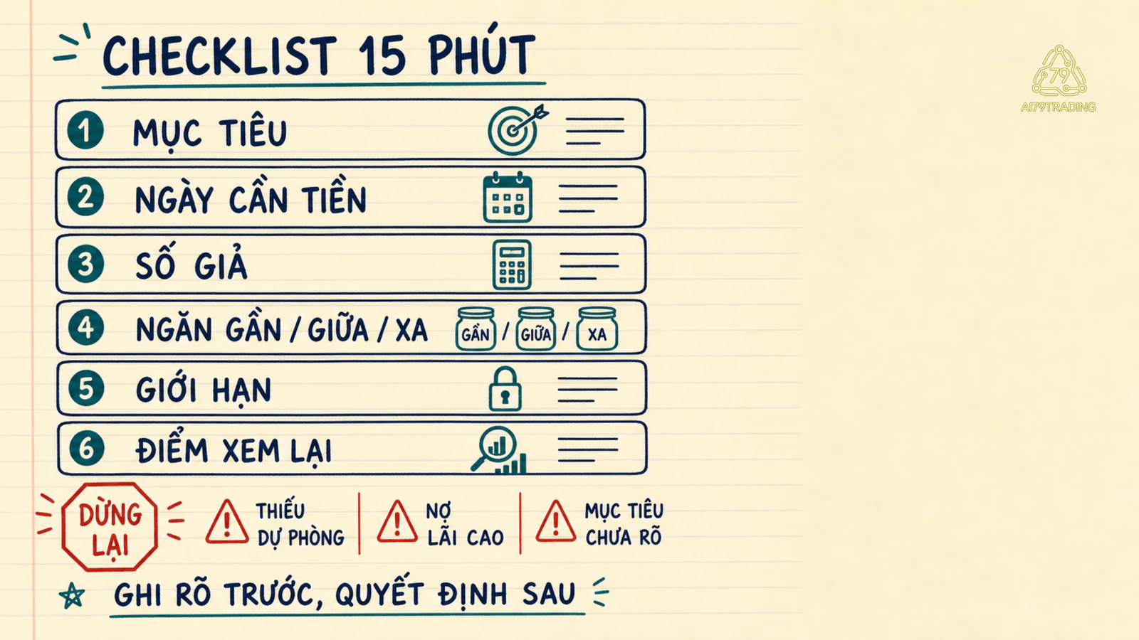 Checklist sáu bước ghi mục tiêu, thời hạn, dự phòng, ngăn tiền và điểm xem lại bằng số giả