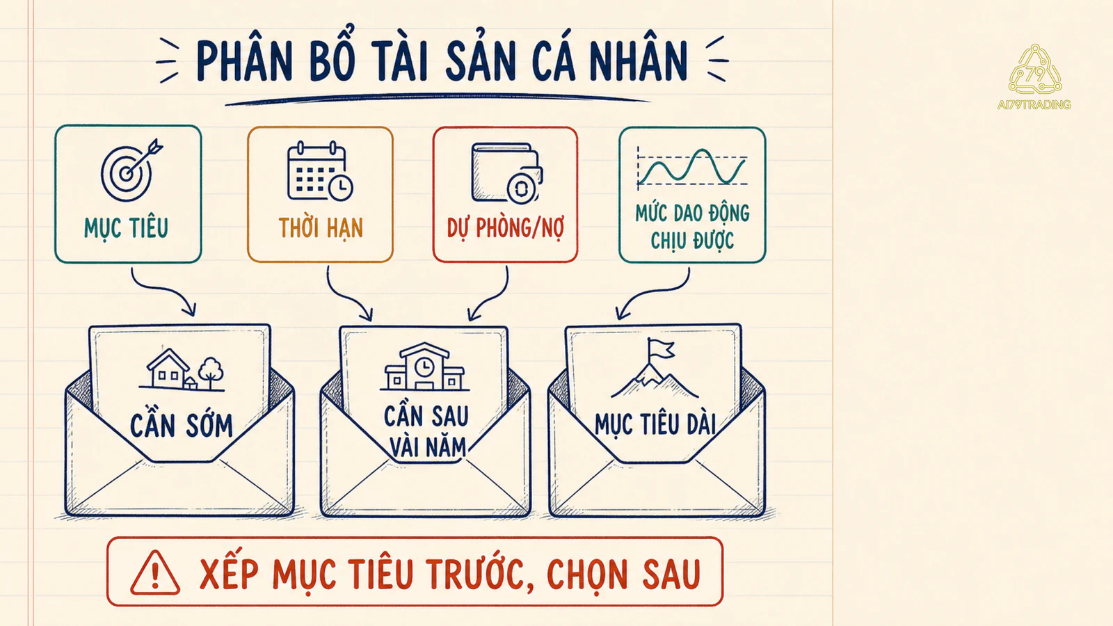 Ba ngăn tiền cần sớm, cần sau vài năm và mục tiêu dài được sắp theo mục tiêu, thời hạn, dự phòng và mức dao động chịu được